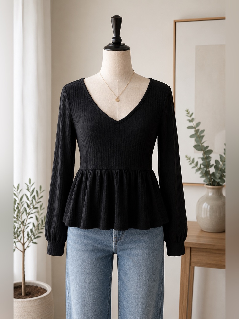 Black V-Neck Long Sleeve Peplum Top